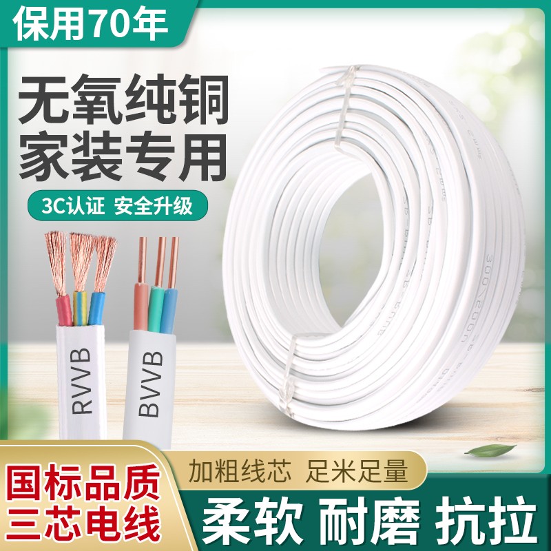 国标纯铜电线2芯3芯1/1.5/2.5/4/6平方O白色护套线家用电缆平行线