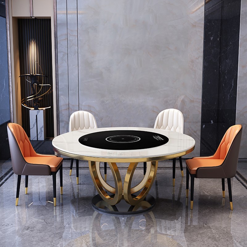 轻奢岩板餐桌椅组合内嵌多功能带电磁炉暖菜电动S转盘火锅家用饭