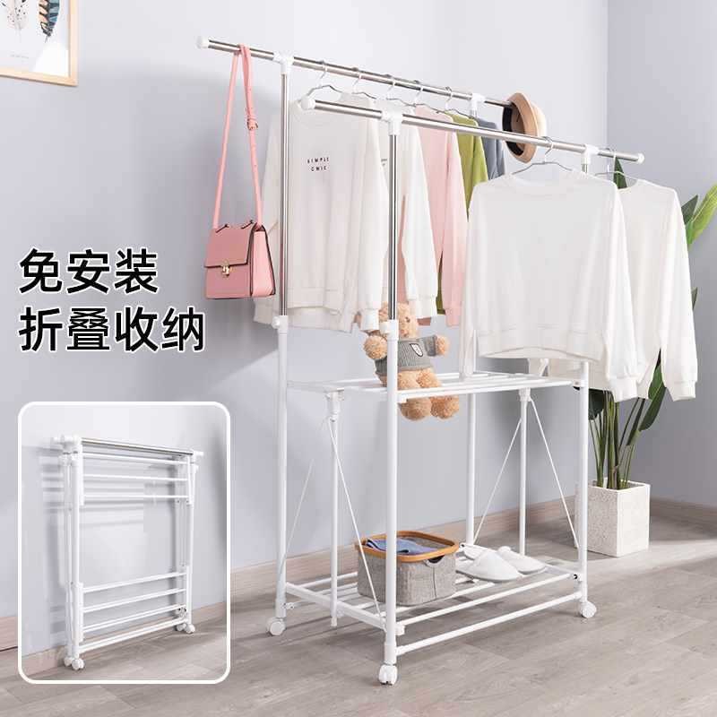 家用晾 a衣架落地折叠室内伸缩衣杆移动可户外阳台架 子晒杆