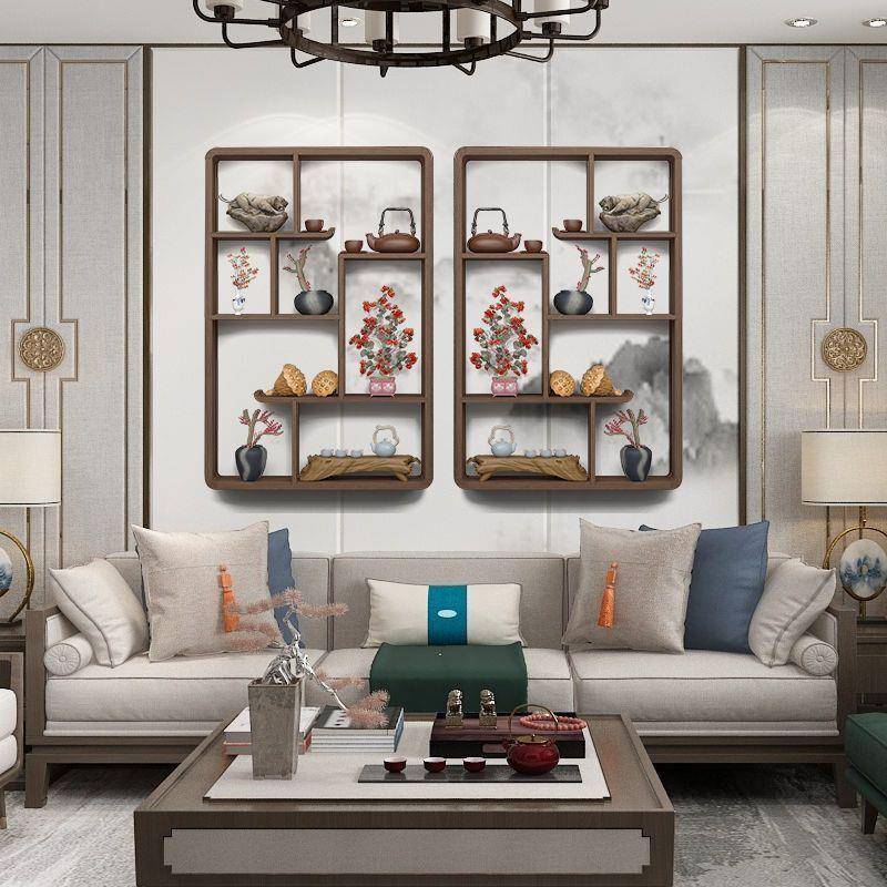 博古架摆件实木中式茶具架小摆件壁挂式客厅隔断置物架花架子现代
