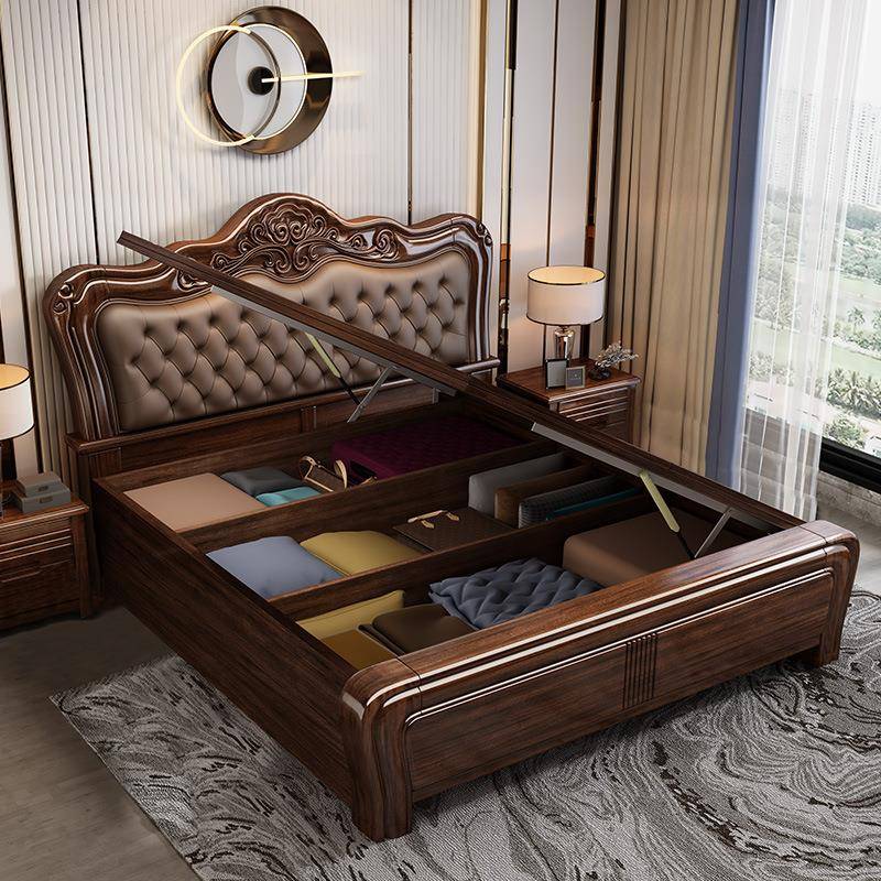 胡桃木床大气主卧高端真皮软包实木床1米8带储物轻奢雕花别墅婚床