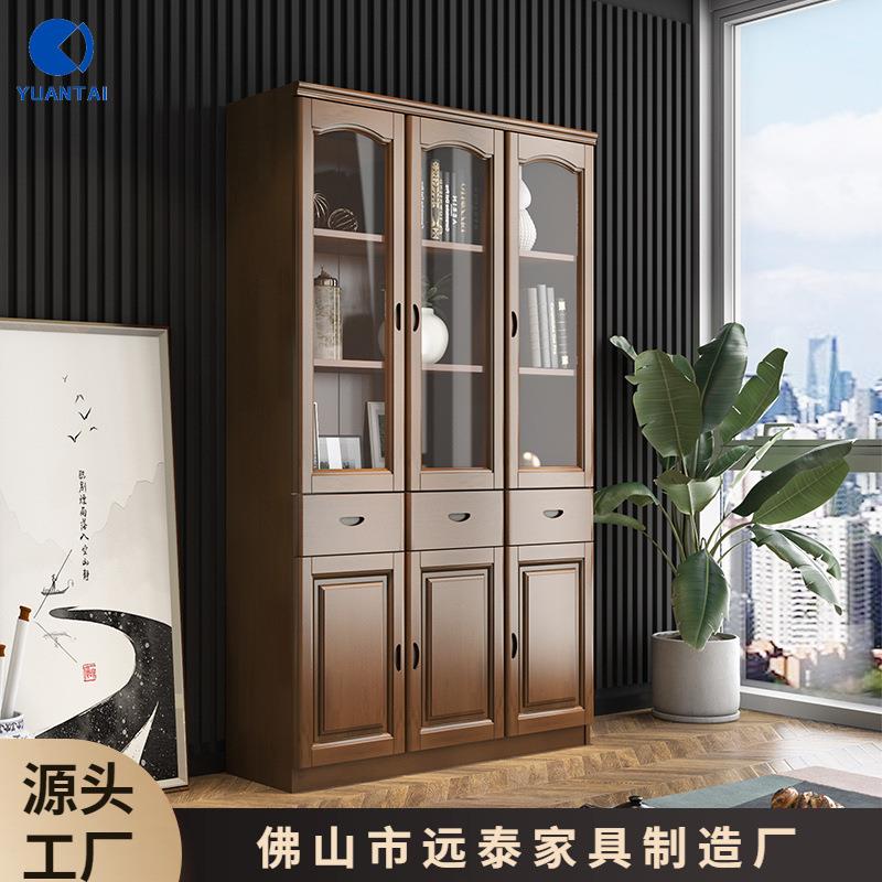 书柜带玻璃门三门简易中式书架储物学生书橱办公室文件柜实木橡木