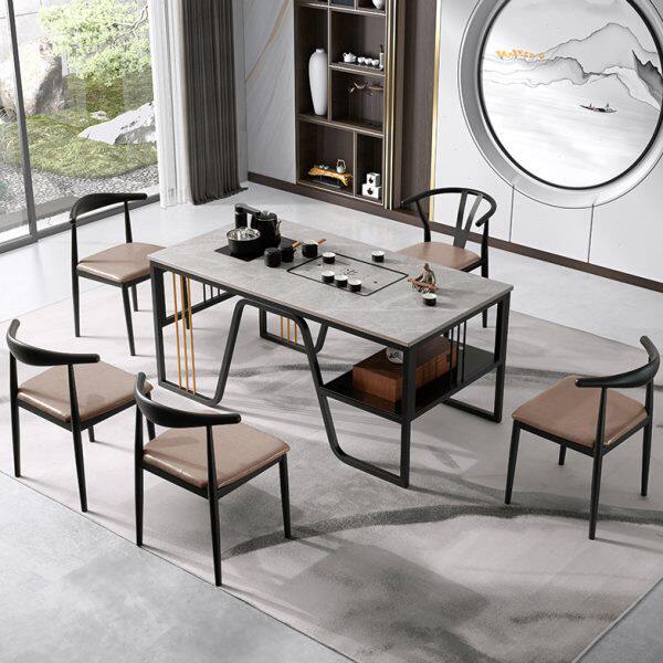 深圳办公室新中式茶台简约现代1.6米公司接待茶台岩板台面1桌5椅