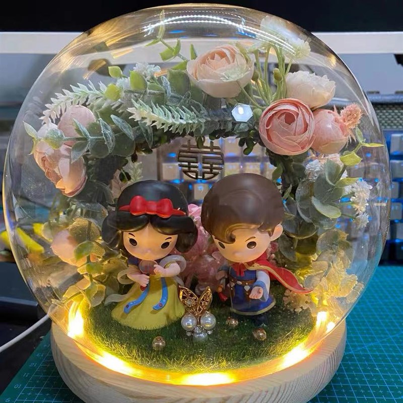 水晶球玻璃罩永生干花玻璃罩带灯圆形展示盒玻璃防尘罩盲盒透明手