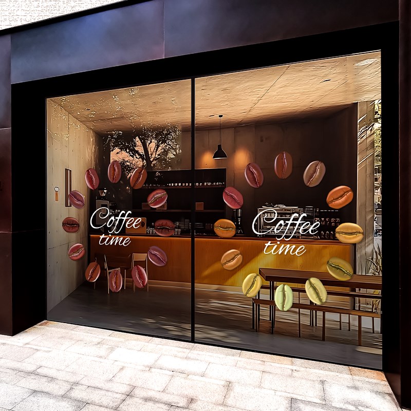 网红咖啡店装饰UV玻璃门贴纸咖啡豆背景墙奶茶店橱窗布置静电贴画