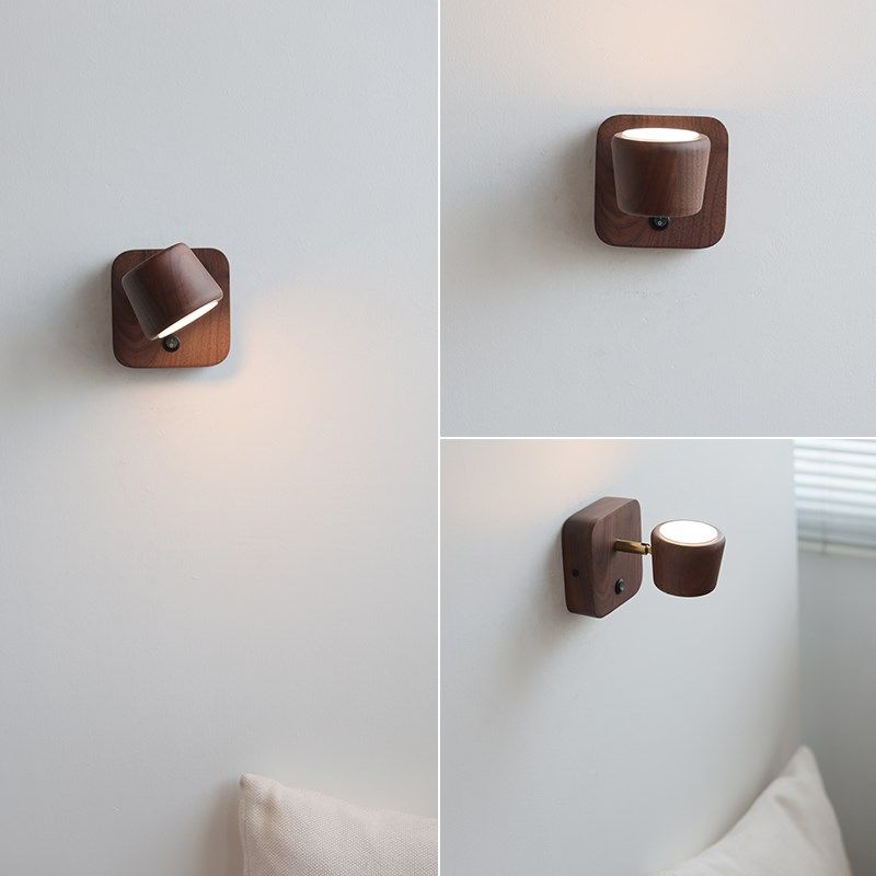 北美黑胡桃木壁灯极简设计卧室床头民宿350度可旋转带开关聚光灯