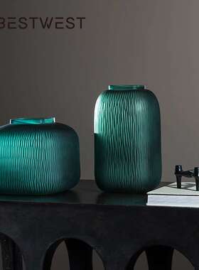 博西家居 孔雀绿刮痕玻璃花瓶创意轻奢绿色花器家居客厅软装摆件