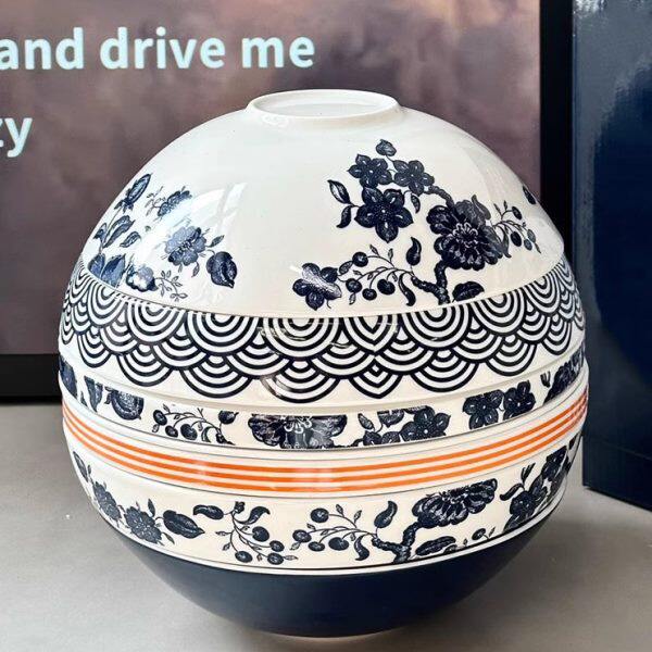 水墨青花纹理波浪花鸟骨瓷餐具球形西餐餐盘碗双人组合餐具七件套