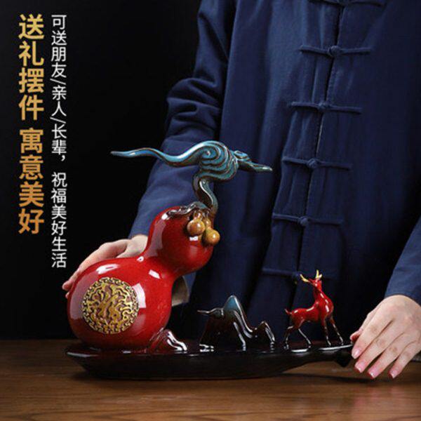 陶瓷鹿摆件福禄双全中式葫芦家居客厅博古架酒柜装饰品乔迁礼品