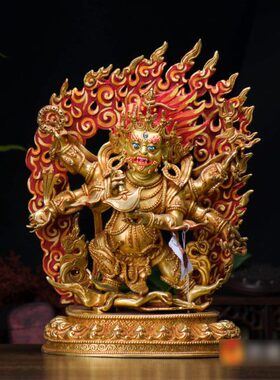 尼泊尔手工10寸34.5厘米全鎏金《六臂玛哈嘎拉》大黑天铜像摆件