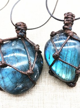 天然水晶拉长石网兜吊坠月光石项链手工编织复古蓝光