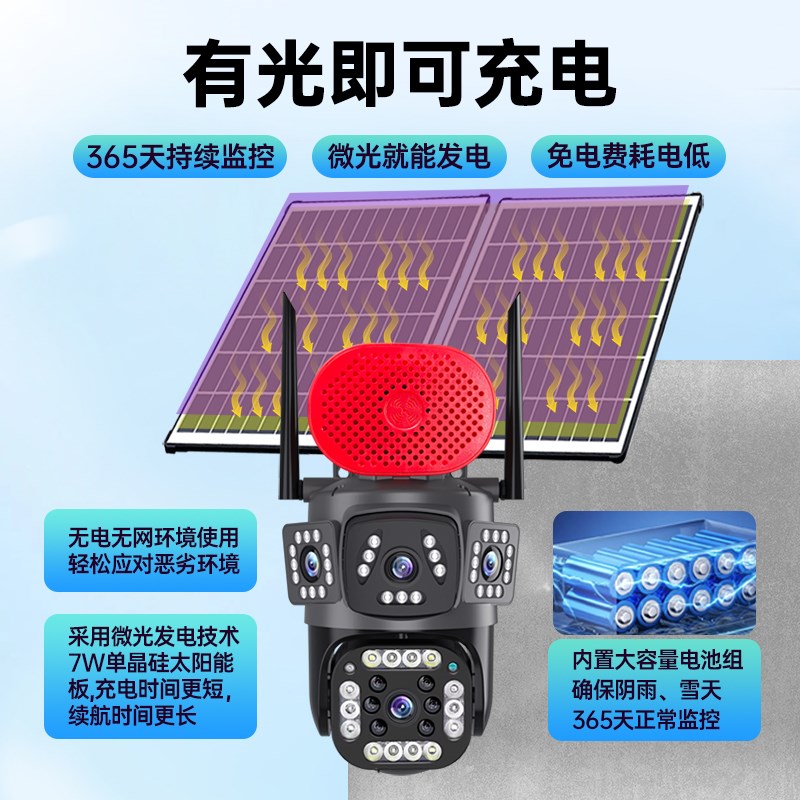 太阳能摄像头三画面户外无电无网手机远程360度监控室外高清夜视