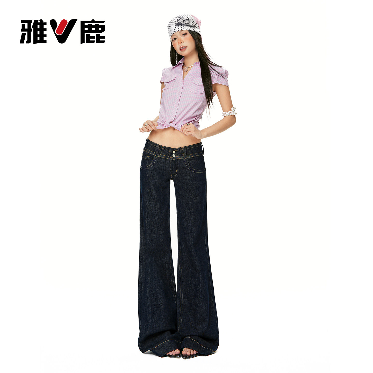 雅鹿美式复古女裤加长双扣低腰直筒微喇牛仔裤女款宽松显瘦阔腿裤