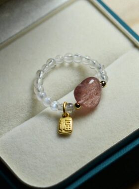 天然桃花爱法心戒指吊坠月光石金古草莓晶工艺食指指环蓝编织天然