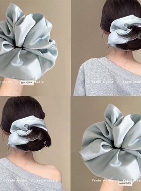奶油雾蓝!蓝色缎面超大号u大肠发圈!扎头绳简约丸子头发绳盘发器