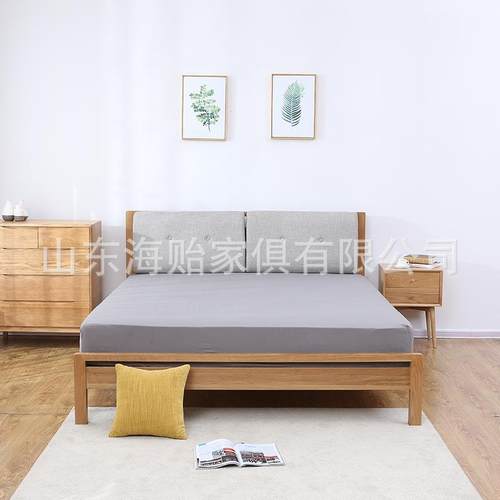 供应实木软包床橡木双人床北欧小户型实木床可拆洗软包床