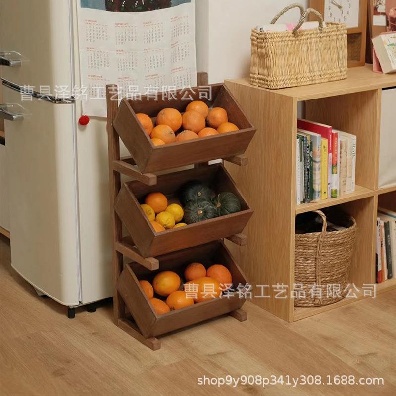 中古风落地式置物架木制多层杂物收纳架家居客厅装饰水果收纳篮