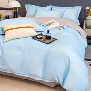 轻奢绣花亲肤棉四件套简约刺绣款宿舍三件套双拼风长绒棉套件