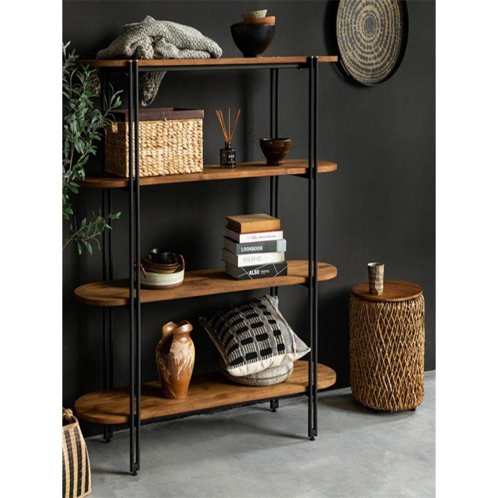 fc实木置物架多层收纳架客厅落地书架搁板铁艺展示陈列架复古原木