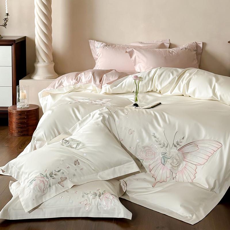 a类轻奢花卉刺绣长绒棉公主风床上四件套被套床品床上用品少女