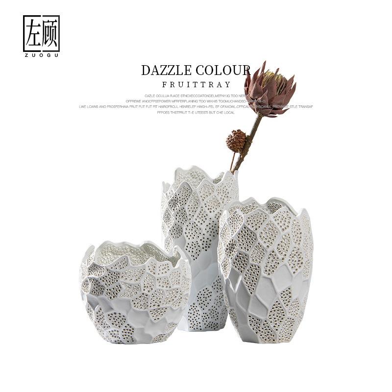 左顾现代简约轻奢白色陶瓷镂空花瓶花器软装饰品家居样板房摆件