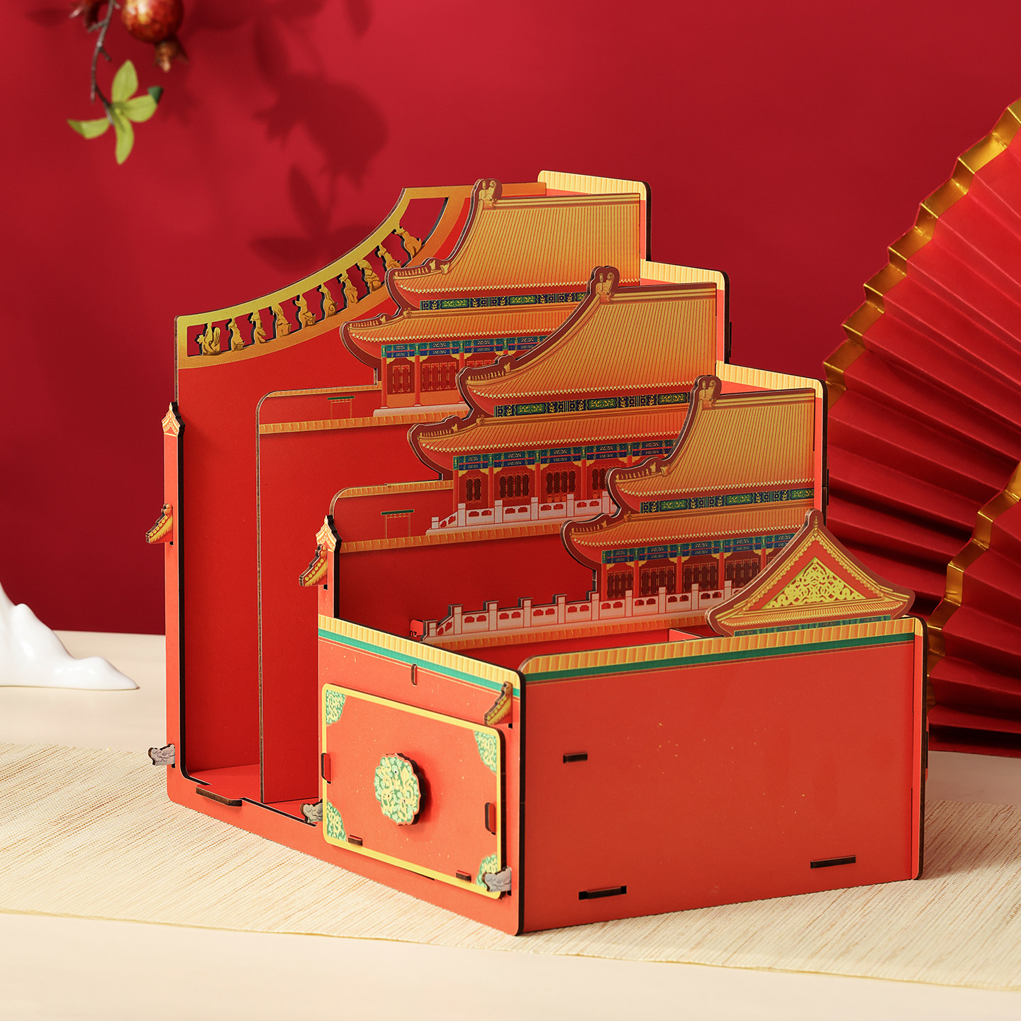 人民礼物殿宇宫阙书立笔筒积木拼搭组装书柜书本收纳架国潮创意故宫文具