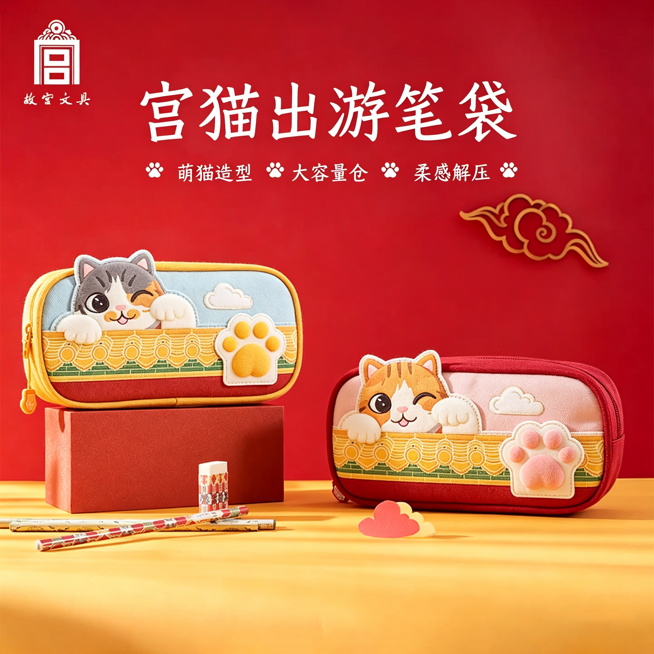宫猫出游文创大容量帆布笔袋