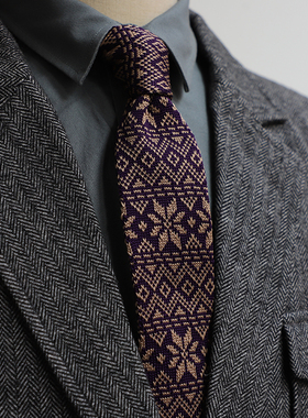 独立 复古英式花纹6CM针织领带 男 韩版个性休闲紫色酒红色礼盒装