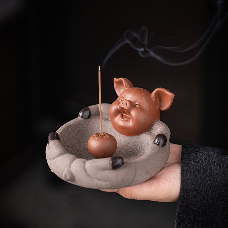 【猪柿大吉】小猪柿子紫砂可爱线香插香托香座创意香薰炉生肖摆件