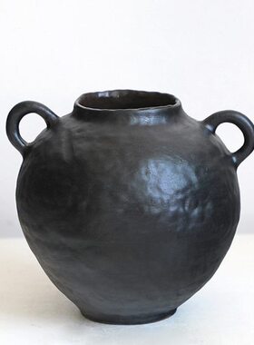 黑色鲜花民宿酒店风禅意粗陶复古中式花器罐侘寂插花瓶装饰品摆件