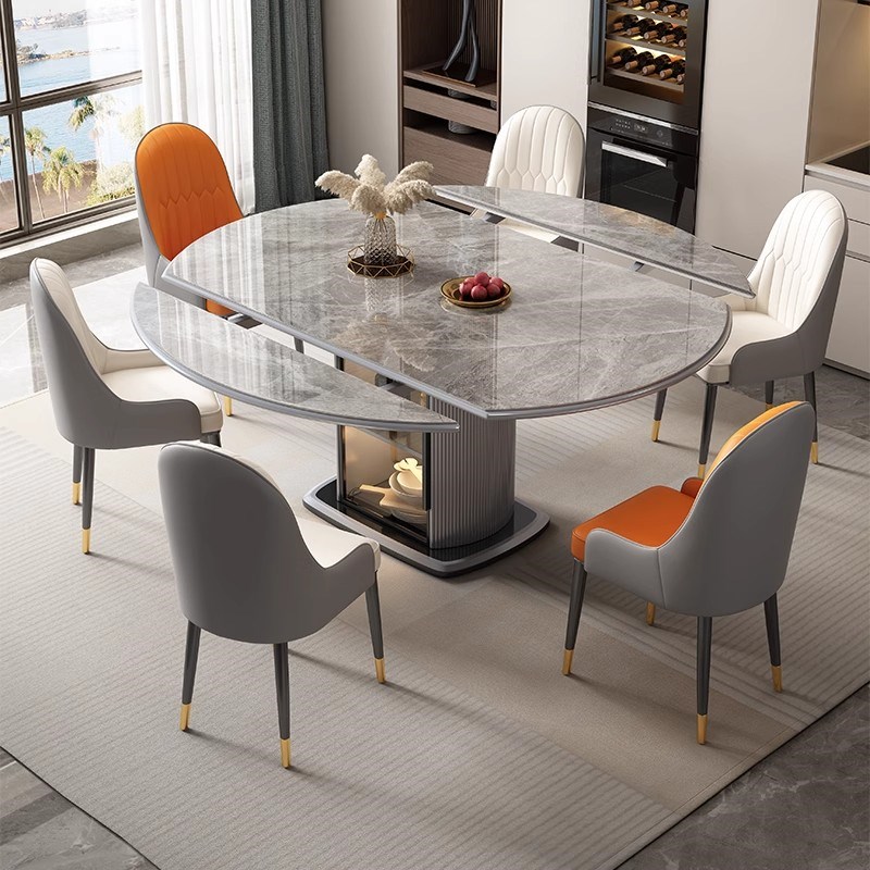 轻奢岩板餐桌现代简约家用伸缩储物圆饭桌K电磁炉可变圆多功能餐