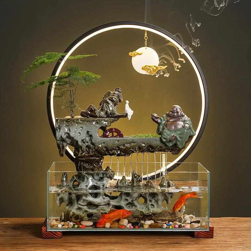 2025流水喷泉招财摆件办公室桌面中式景观水P循环转运生财鱼缸开
