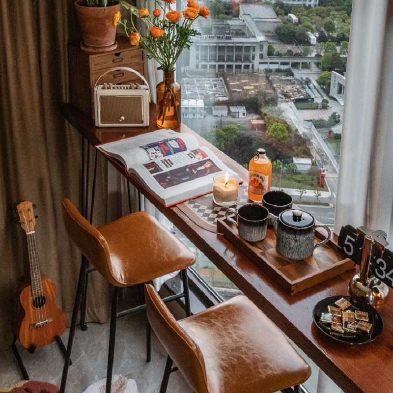 阳台实木吧台桌组合家用简约靠墙商用长J条窄桌酒吧高脚桌子小吧