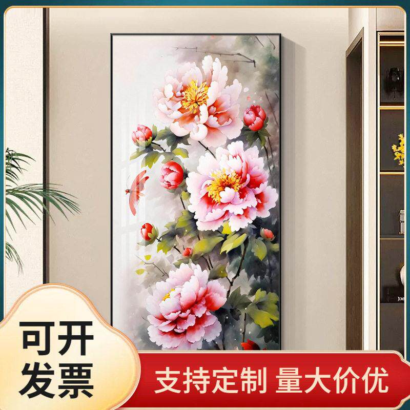 花开富贵牡丹花玄关装饰画姹紫嫣红走廊过道大气花卉客厅入户壁画