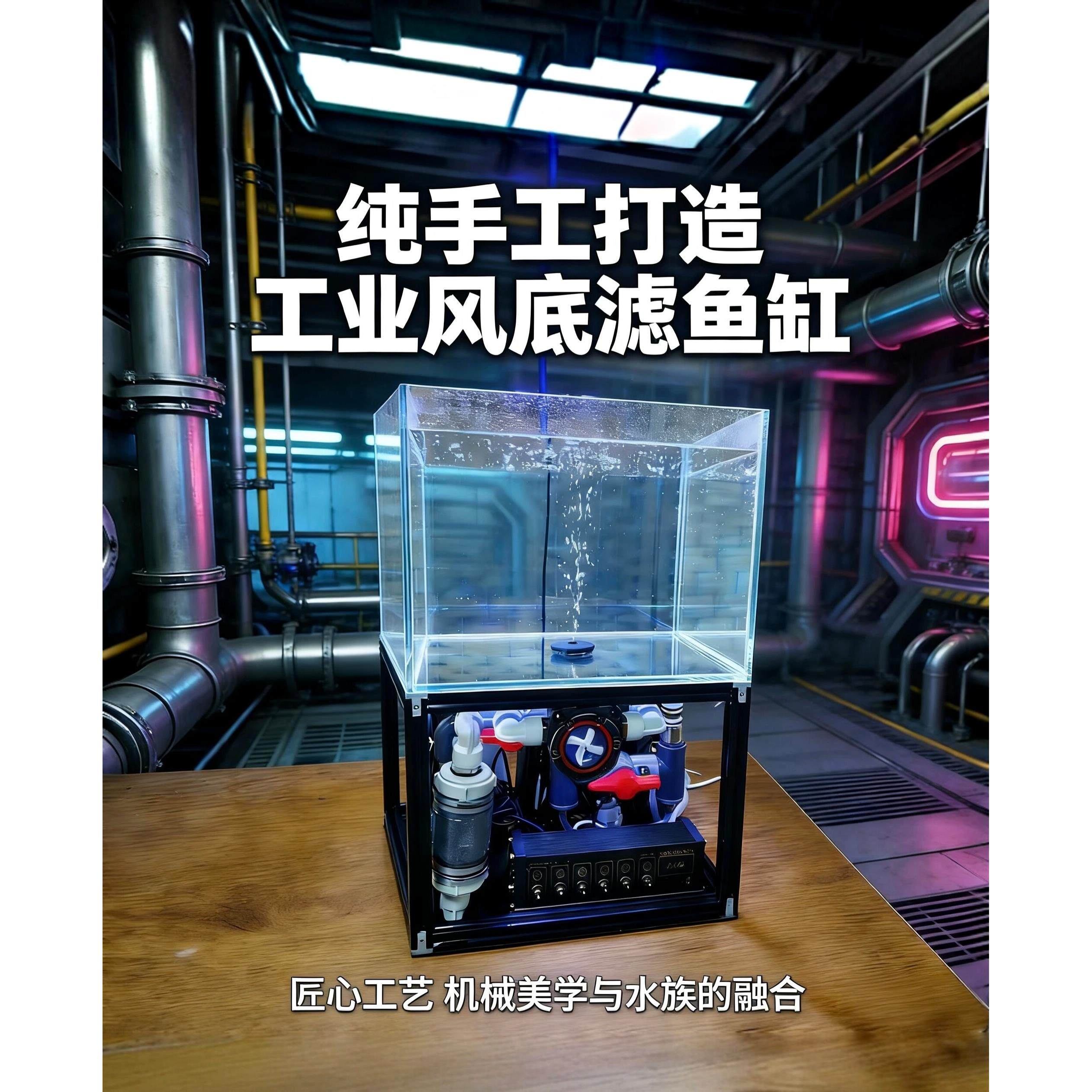 赛博朋克工业风底滤鱼缸 25cm超白玻璃方缸 静音过滤全套滤材