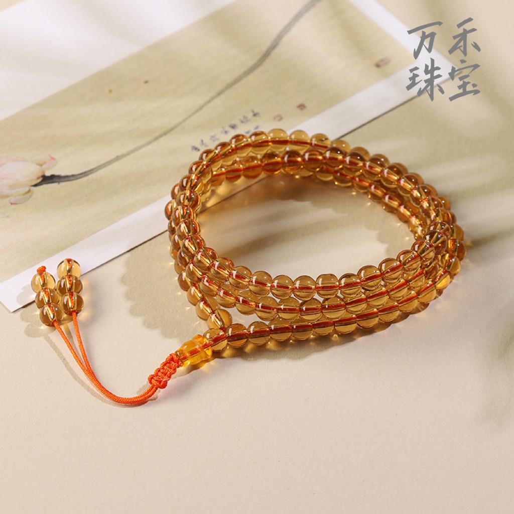 收藏级巴西黄水晶手錬佛珠多圈手串男女款水晶饰品108颗招财转运