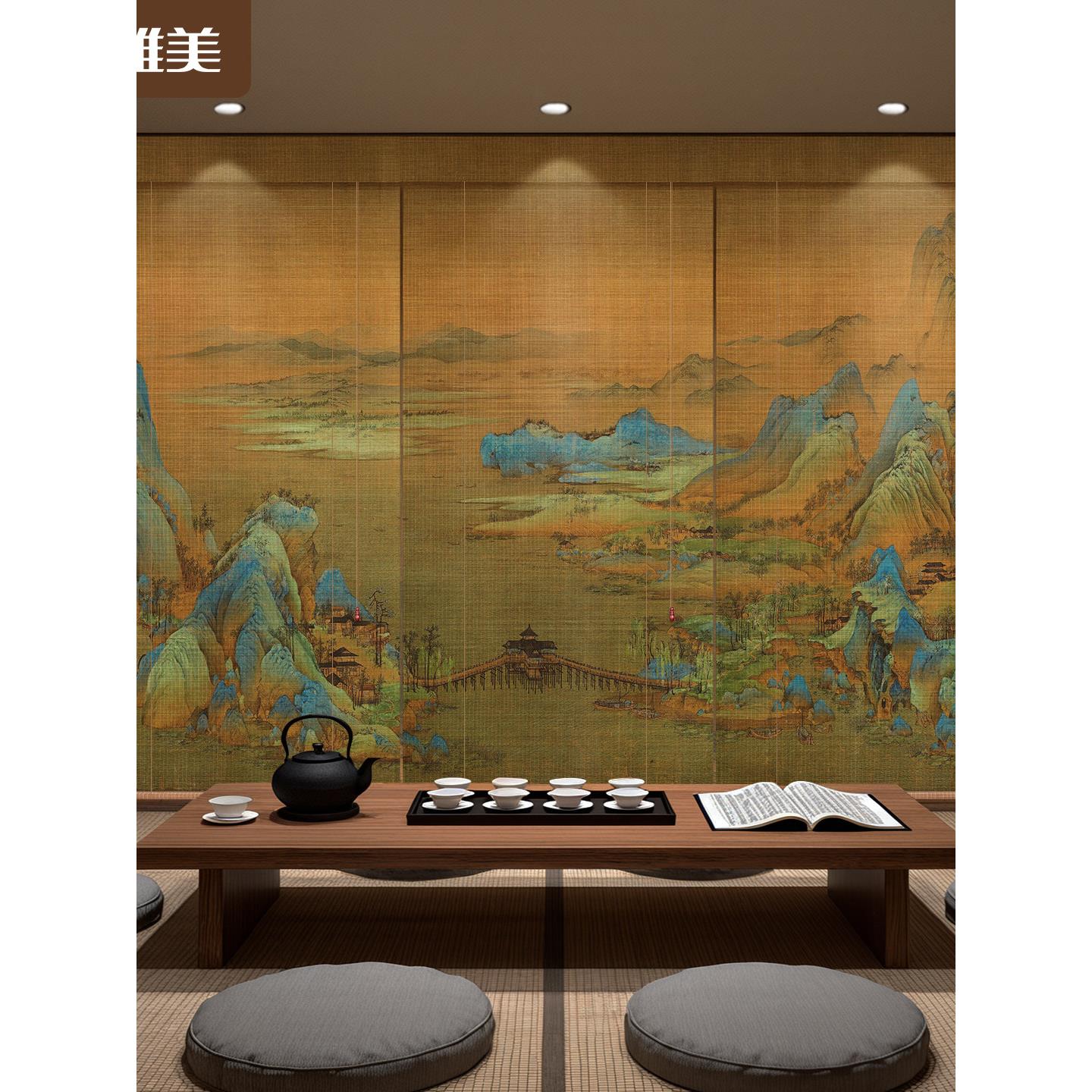 新中式古风竹卷帘超细丝水墨画竹帘遮光遮阳隔断帘茶室大厅升降帘