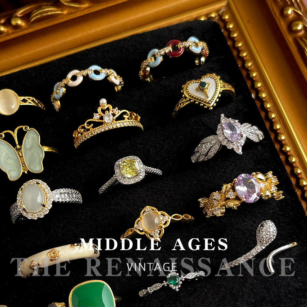 vintage中古风法式重工彩宝锆石戒指合集轻奢高级感可调节食指戒