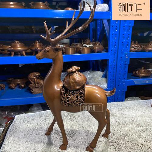 铜匠仁紫铜福袋鹿熏炉纯铜中式创意摆件酒柜客厅玄关装饰工艺礼品