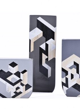 灰色陶瓷几何图扁形哈基拉花瓶插花摆件 欧式客厅板房现代装饰品