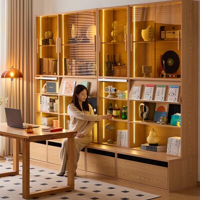 懒生活实木组合柜卡座书柜一体日式储物展柜去客厅化落地满墙书柜