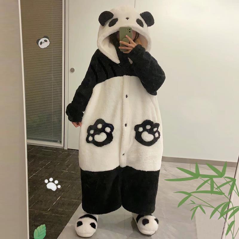 熊猫情侣睡衣女冬款珊瑚绒加绒加厚秋冬季可爱连身睡袍男长版套装