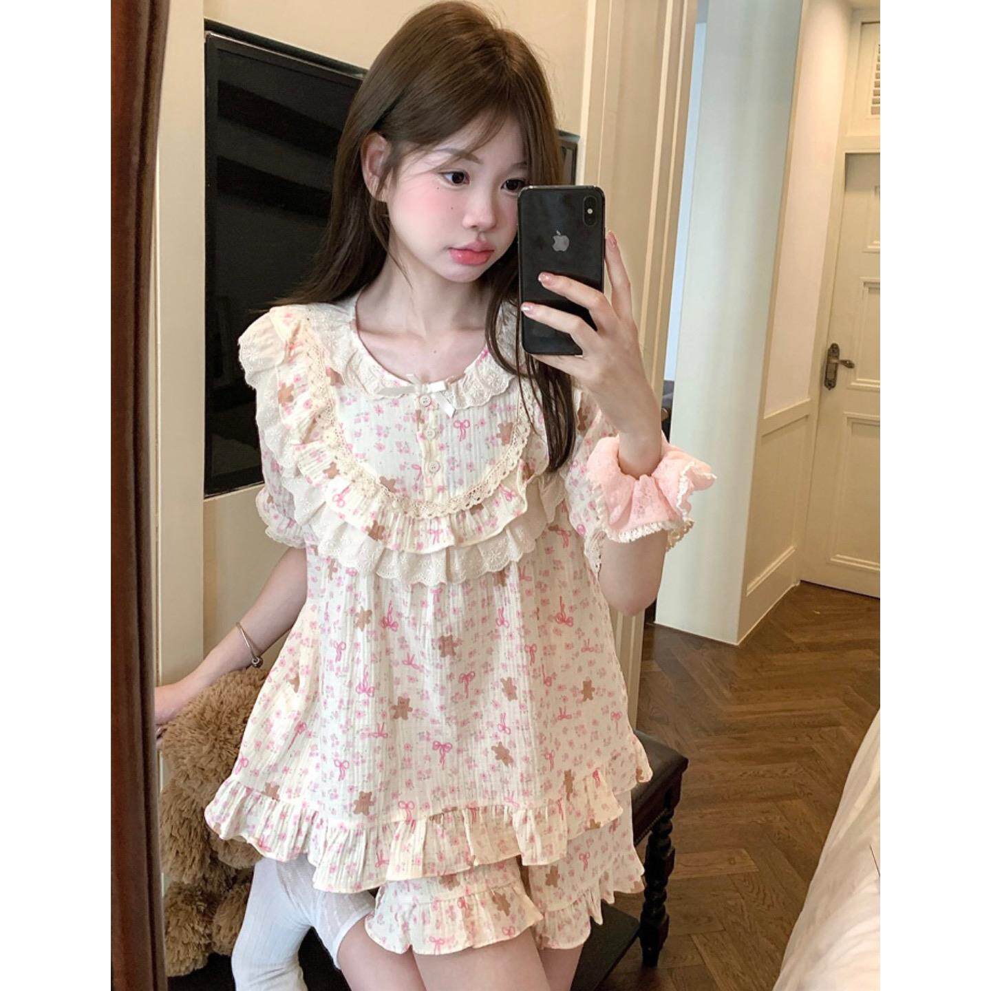 宫廷风甜美花边小熊碎花睡衣女款夏季短袖短裤纯棉纱布家居服套装