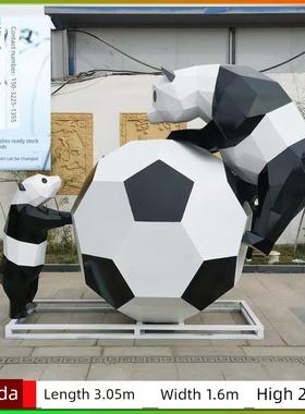 玻璃钢网红打卡通几何熊定制不锈钢爬墙母子熊猫雕塑屋顶发光门头