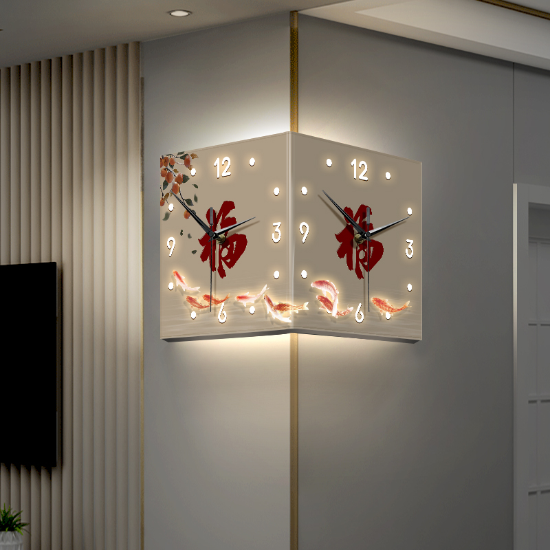 福字客厅转角双面挂钟免打孔w创意新中式简约时钟壁灯画墙角壁钟