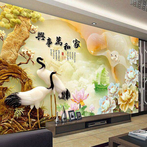 8d立体玉雕现代中式电视背景墙布5d客厅大气影视墙壁纸3d松鹤壁画