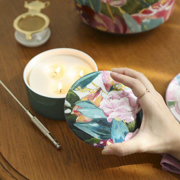 安娜16点油画玫瑰圆形首饰盒花香型三芯香薰蜡烛骨瓷烛座