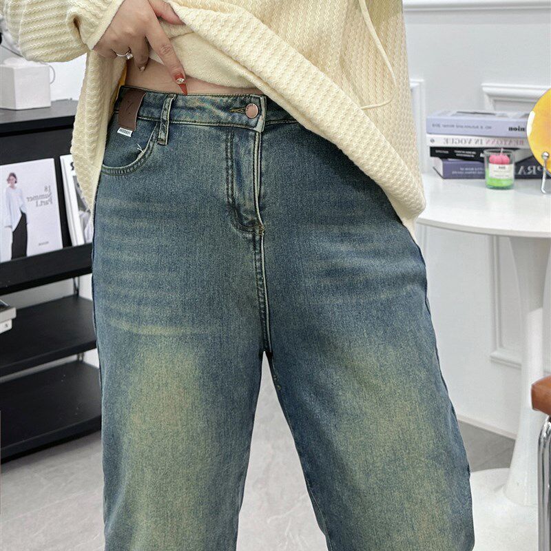 加绒加厚黑色直筒牛仔裤女秋冬小个子九分微喇叭裤高腰显瘦烟管裤