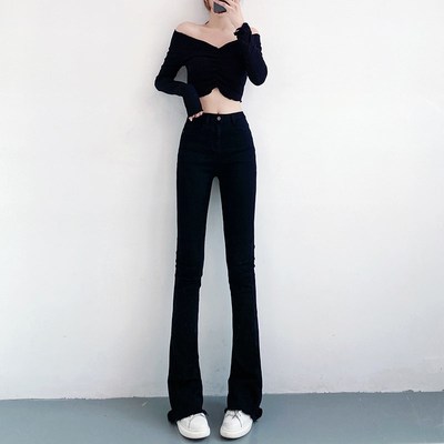 高腰显瘦毛边破洞薄款黑色微喇叭牛仔裤女春175高个子加长拖地裤