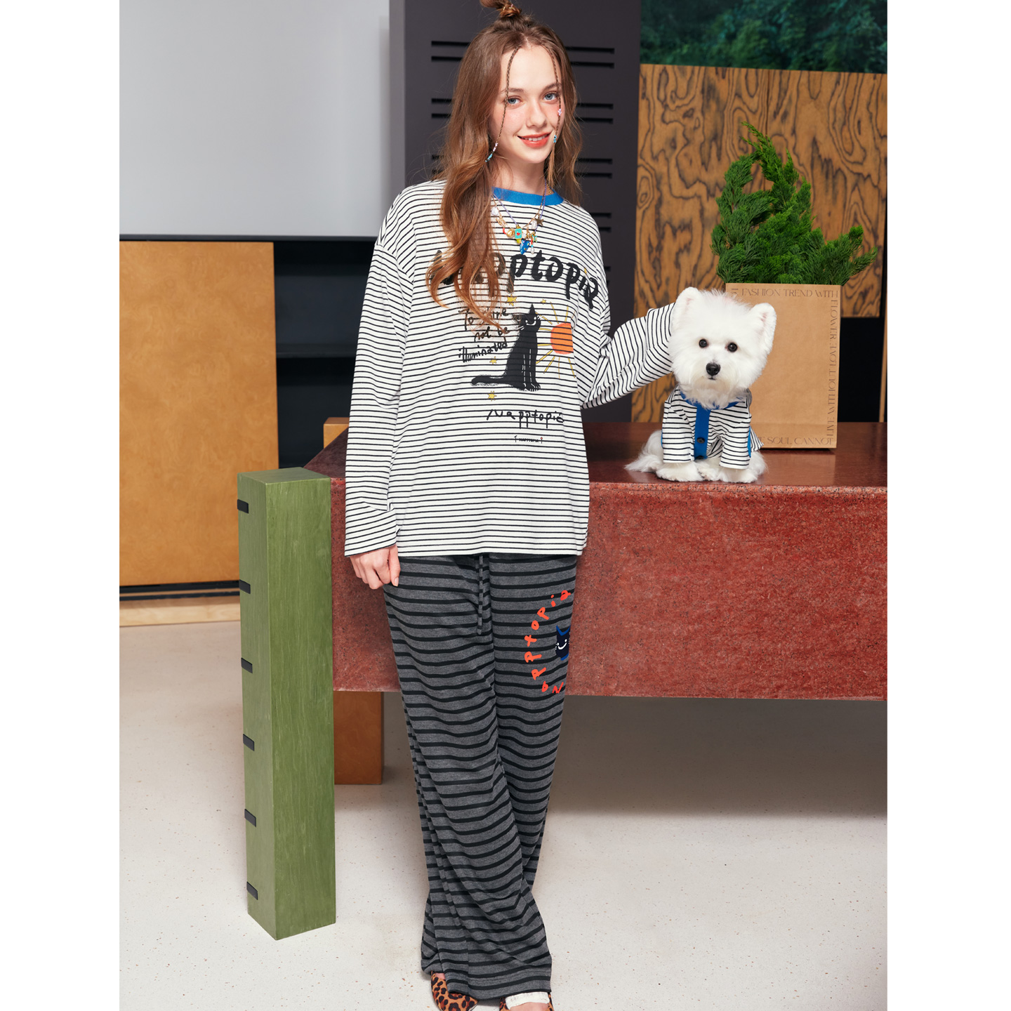 NAPPTOPIA呐噗【阳光小猫】宽松休闲针织撞色条纹长袖T恤人宠同款